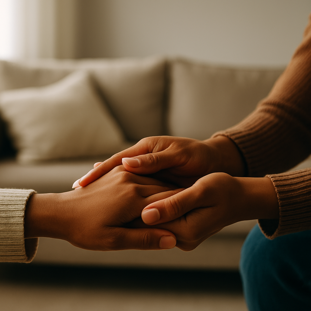 Two hands reaching out gently in support