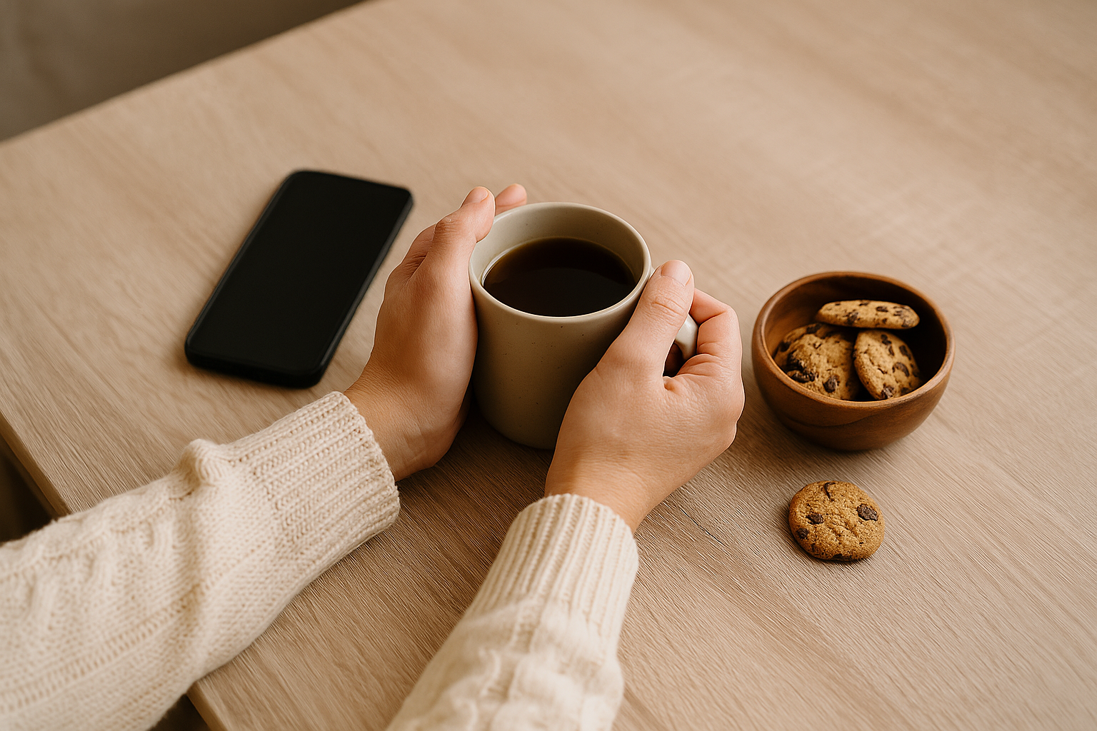 Hands around a mug beside a phone — using grounding while an urge passes