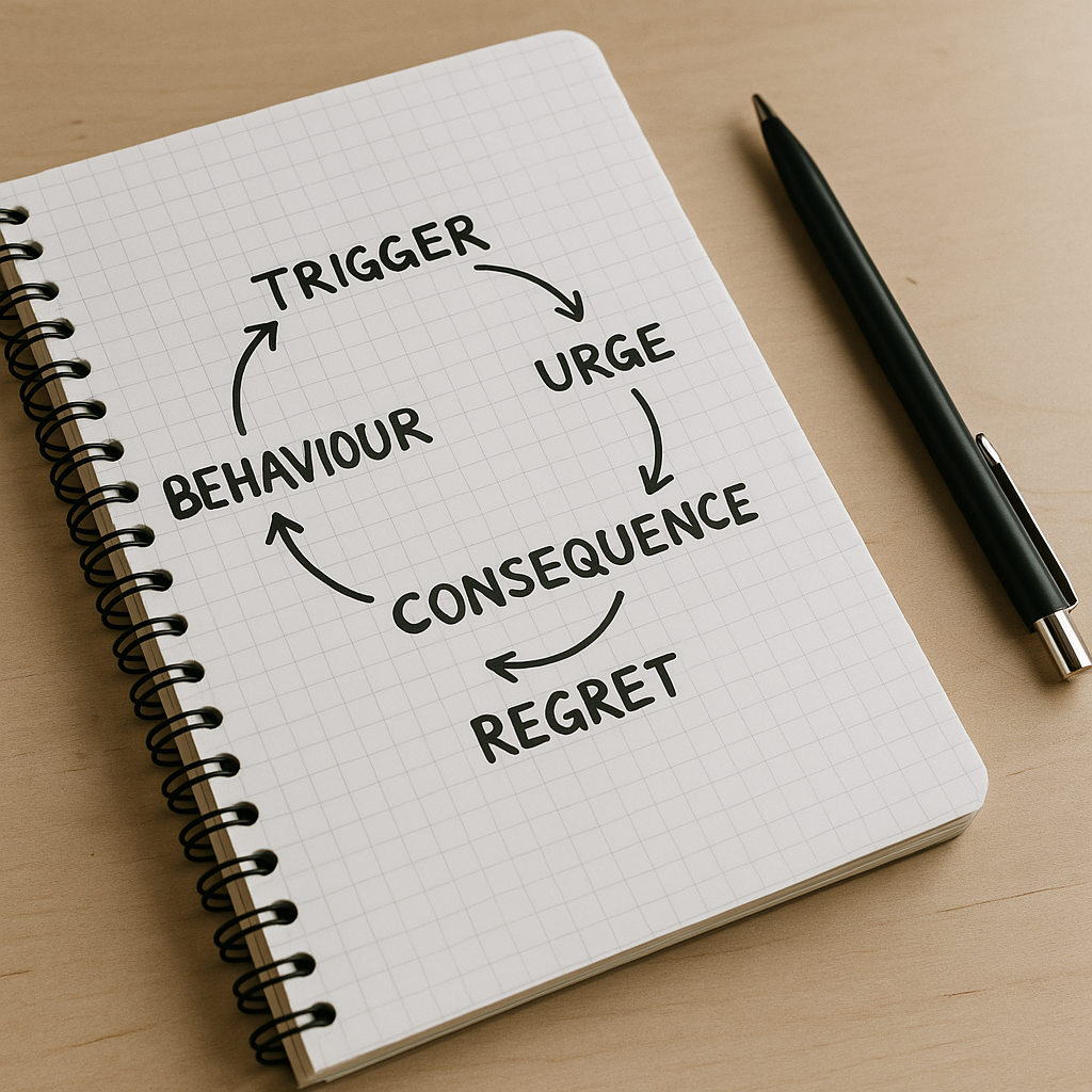Trigger → Urge → Behaviour → Relief → Consequences → Shame → Trigger loop diagram