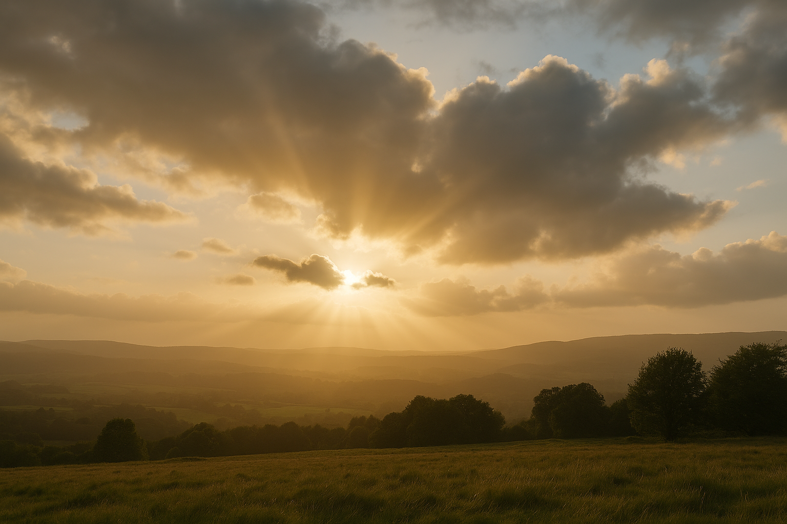 Sunlight breaking gently through clouds over a calm landscape