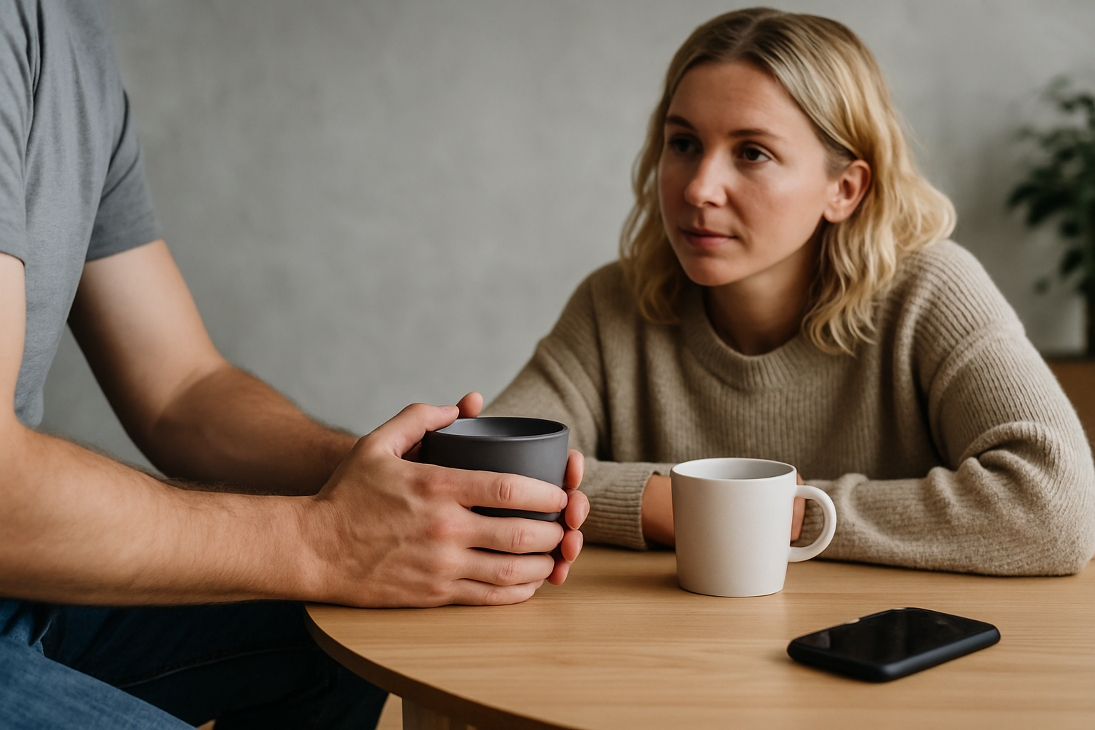 Two people sitting together with hot drinks, one listening and supporting the other