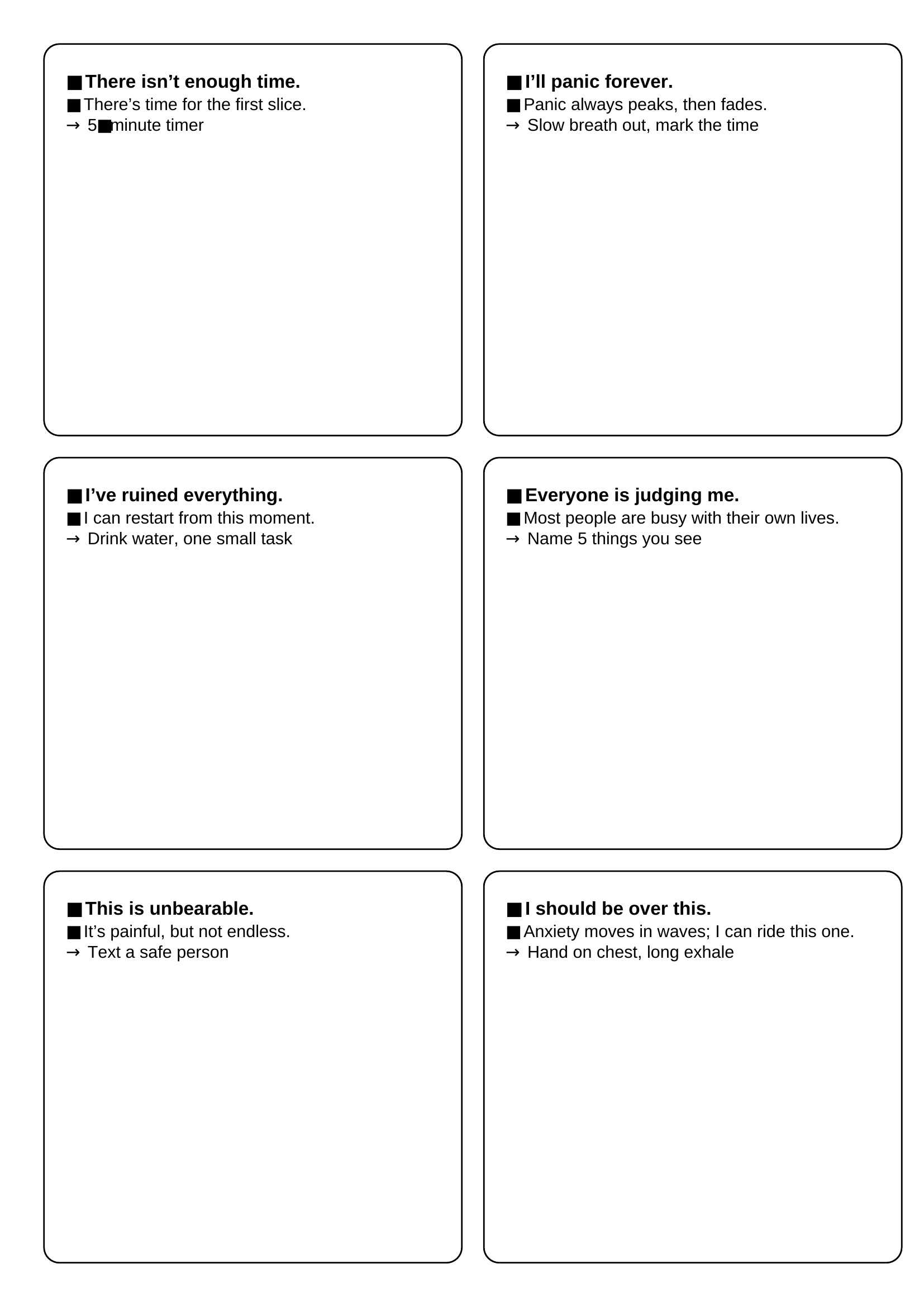 Cards showing everyday reframes for anxious thoughts