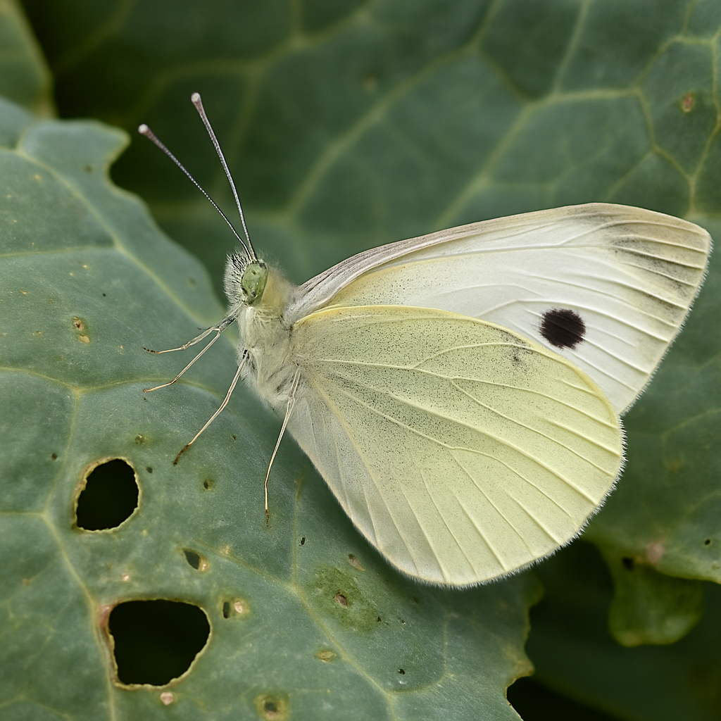 Cabbage white butterfly and caterpillars on brassicas