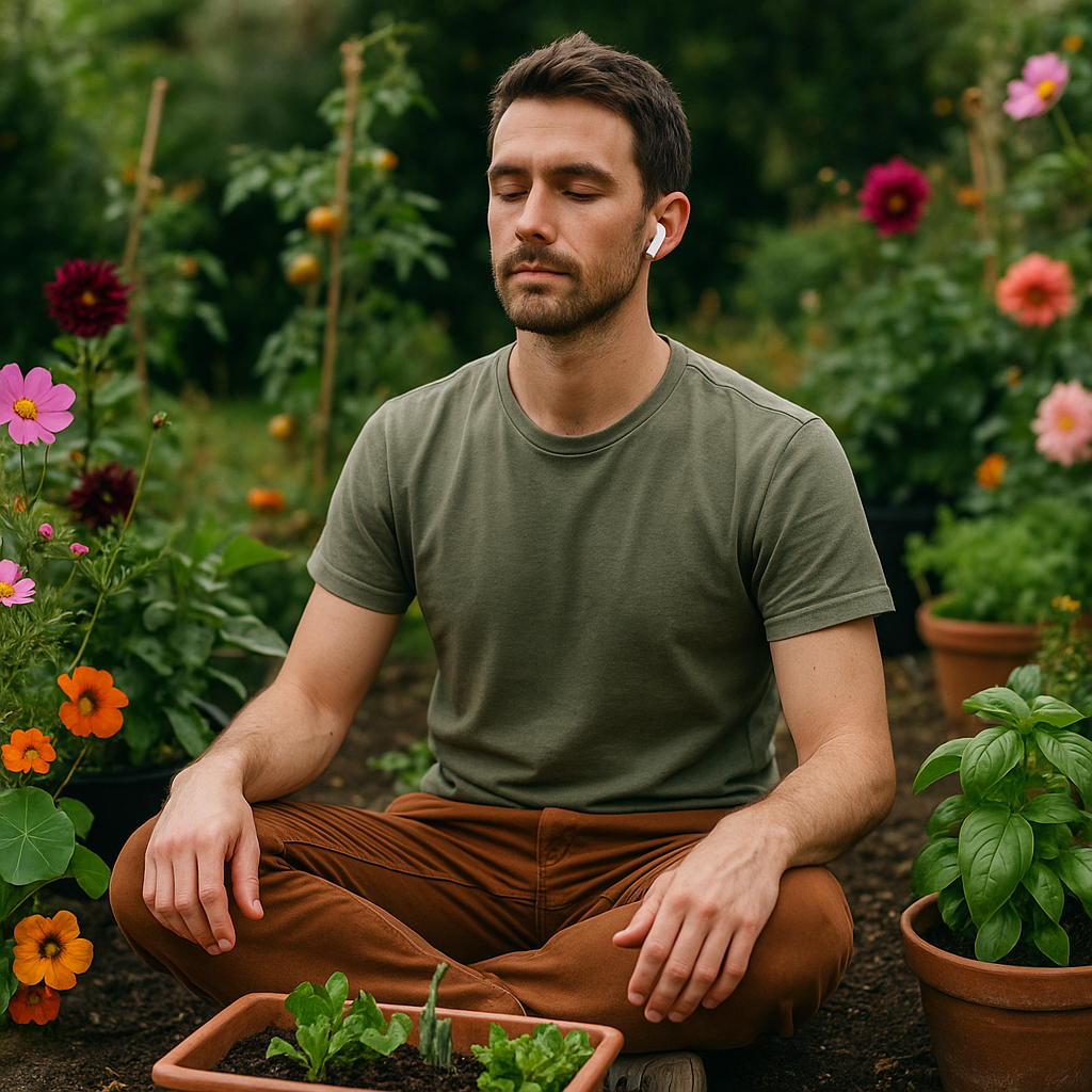 Person sitting among flowers and pots with wireless earphones