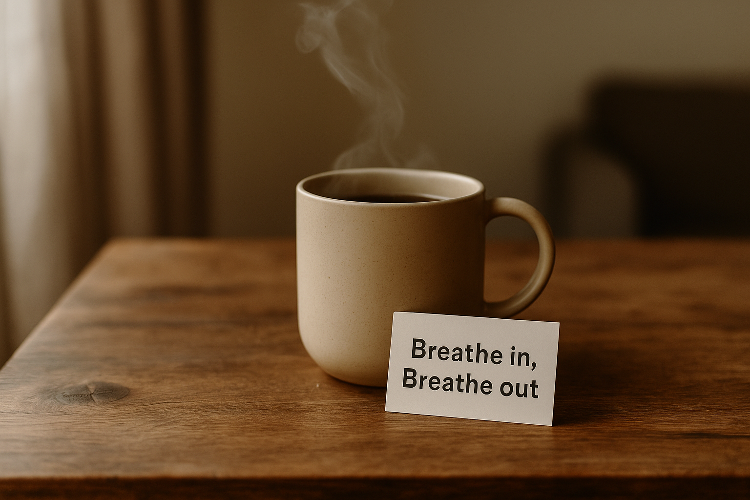 Calm still-life: warm tea and a breathing reminder card