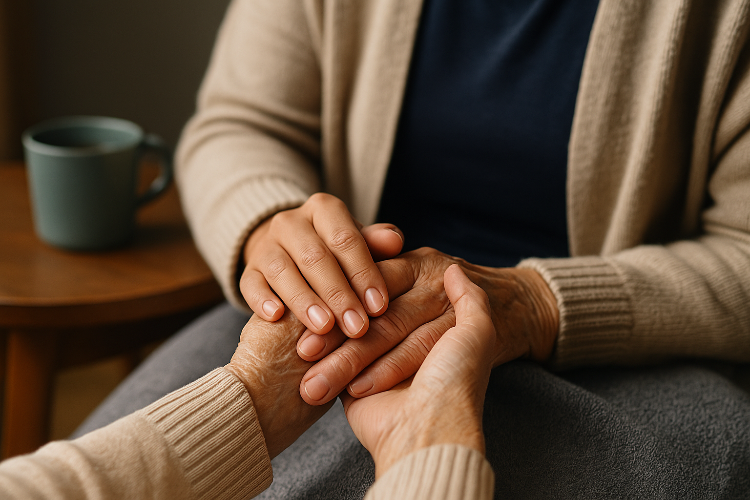 A carer’s hand resting on their loved one’s arm, a cup of tea nearby