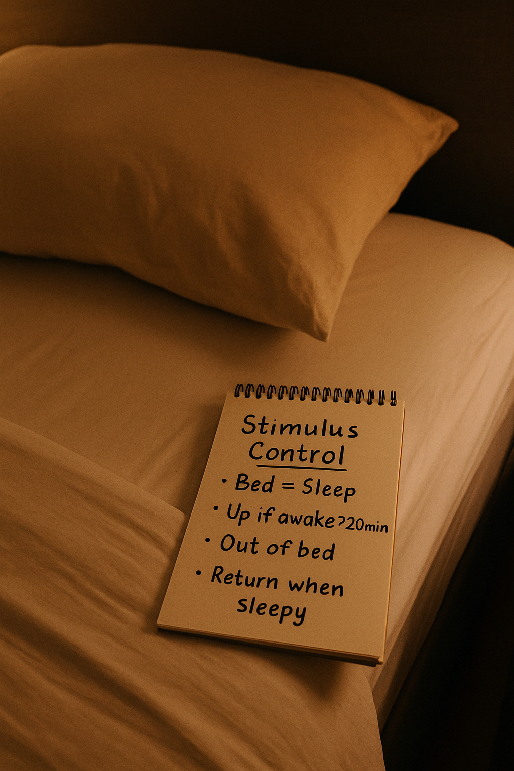 Notebook on a bed with rules: bed = sleep, up if awake >20 min