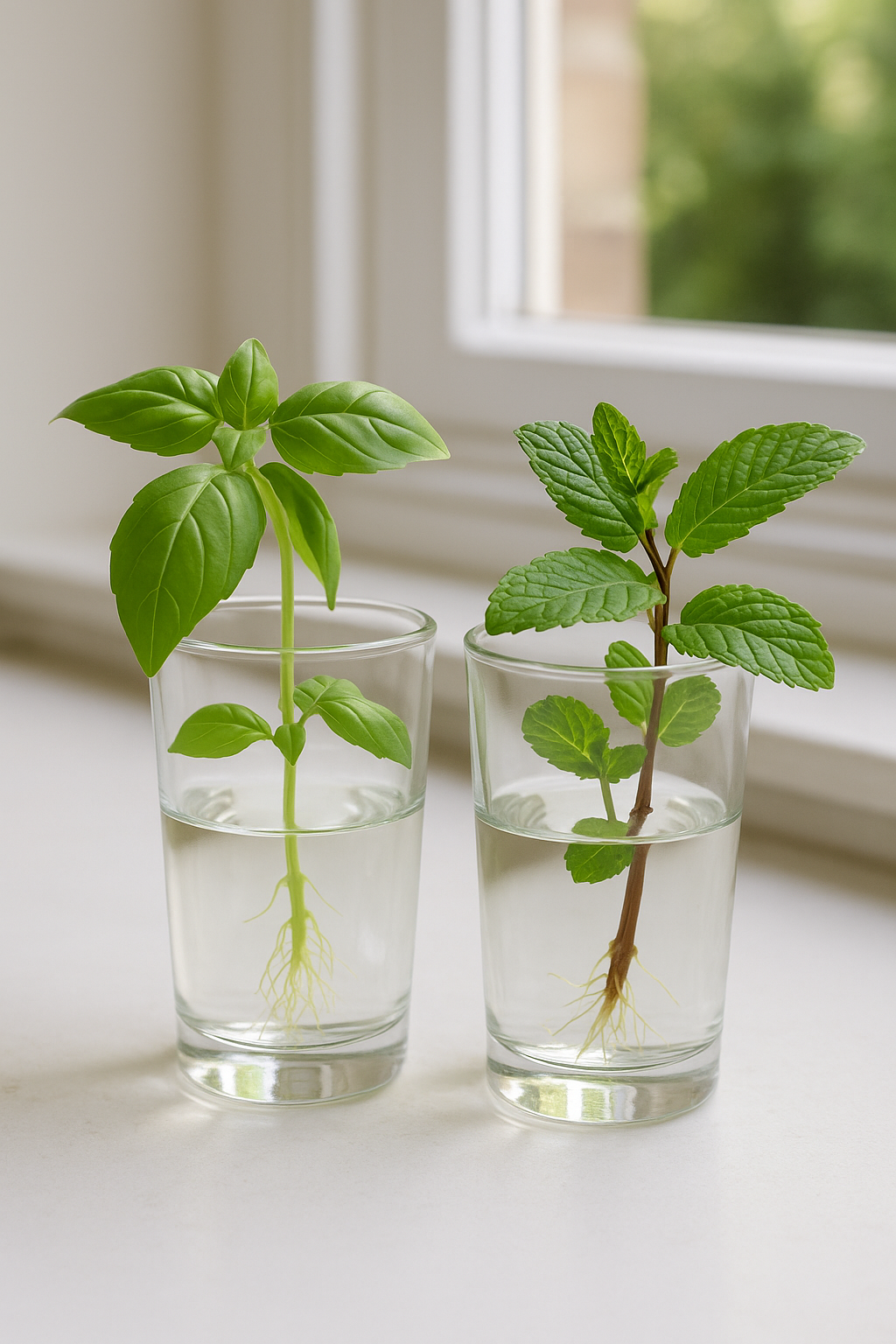Soft herb cuttings in water with labels