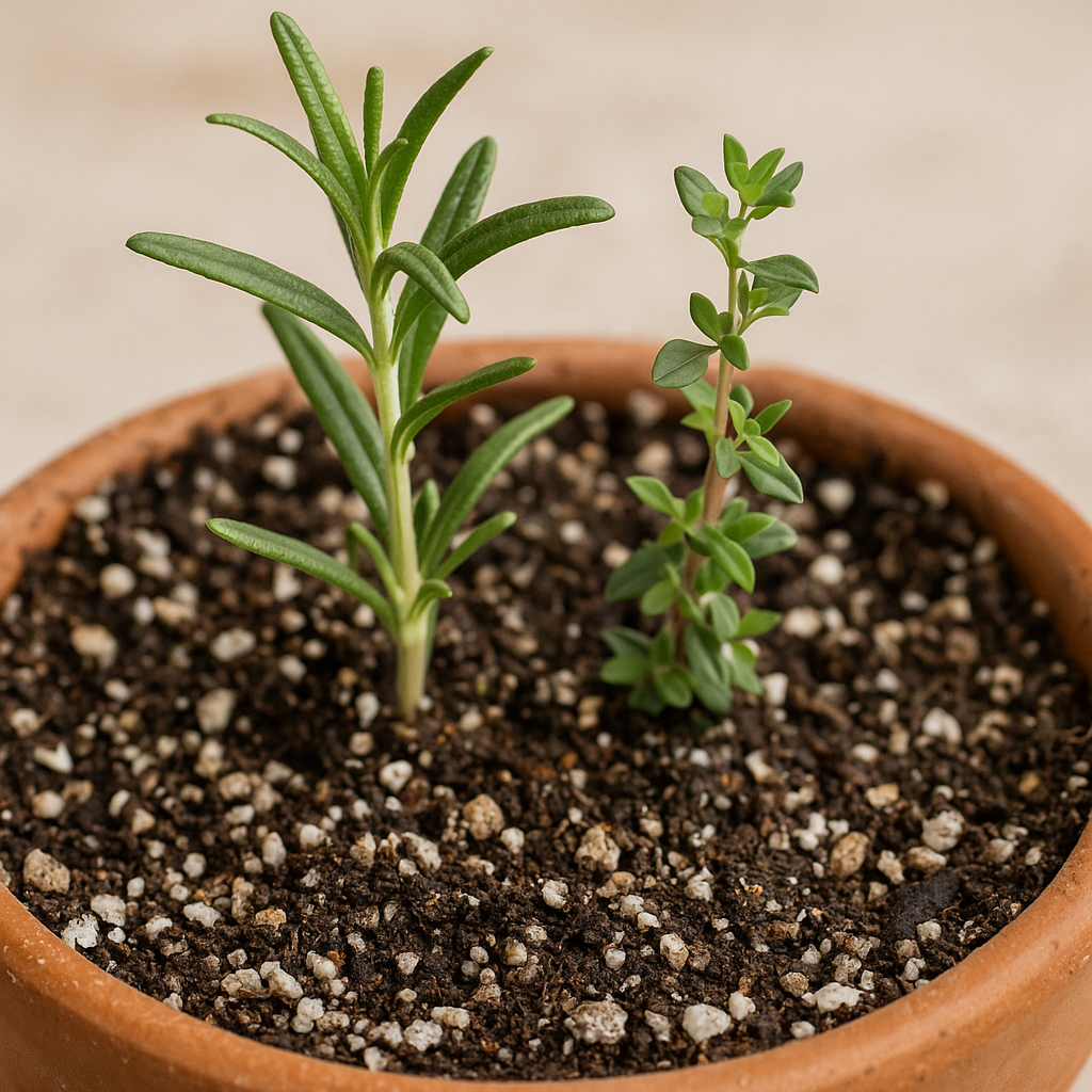 Tray of woody herb cuttings under a clear dome