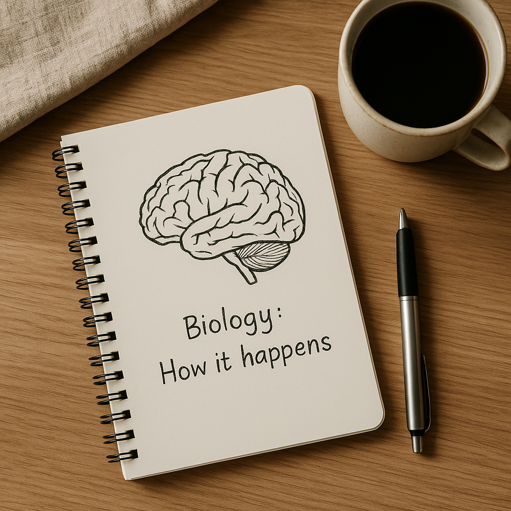 Notebook with brain sketch, coffee beside it — learning the biology