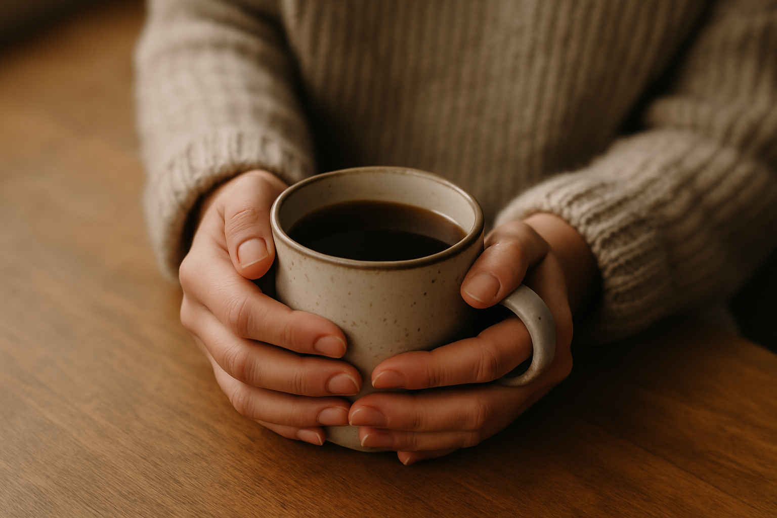 Close-up of hands around a warm mug, comfort and grounding