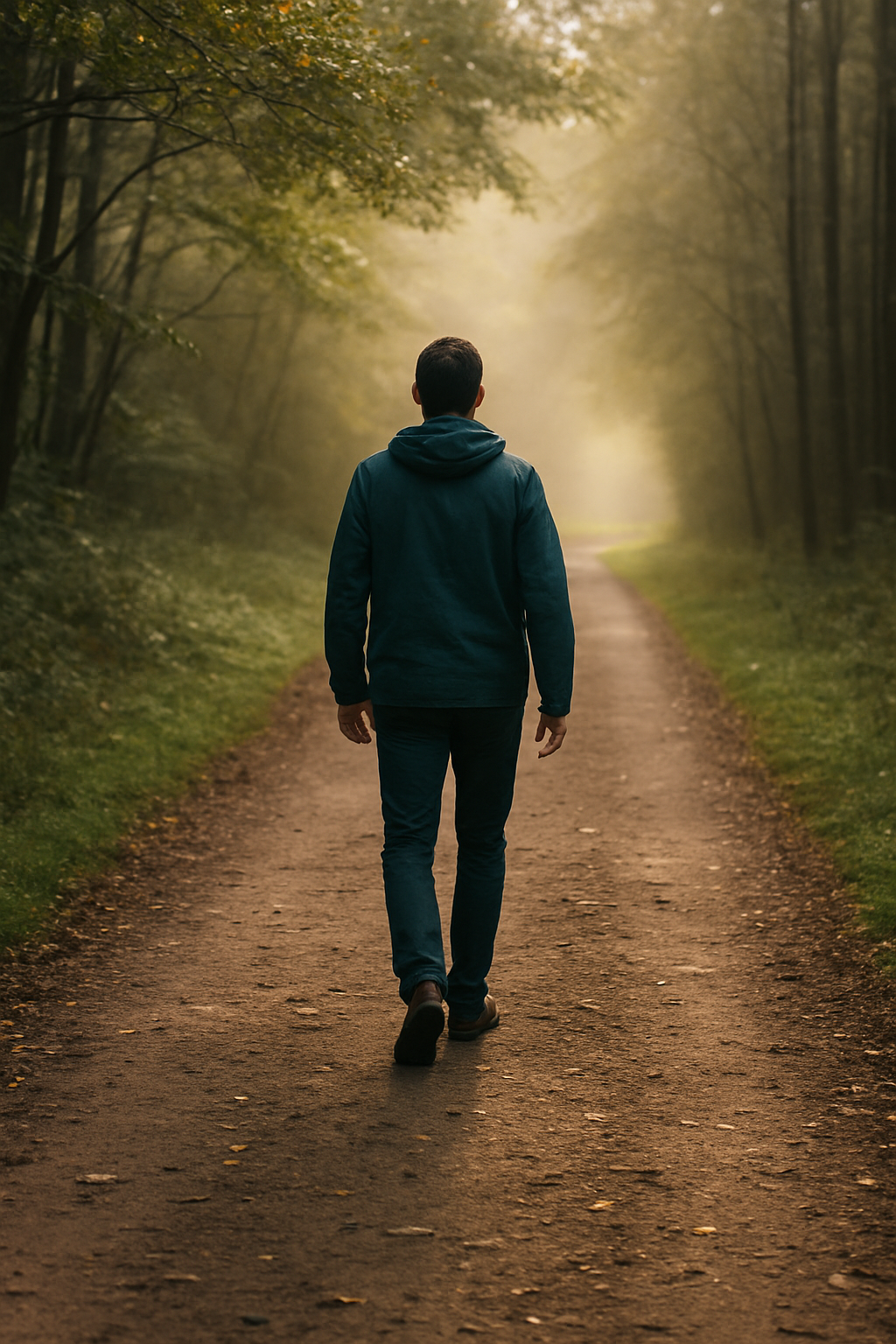 Person walking woodland path with soft light ahead