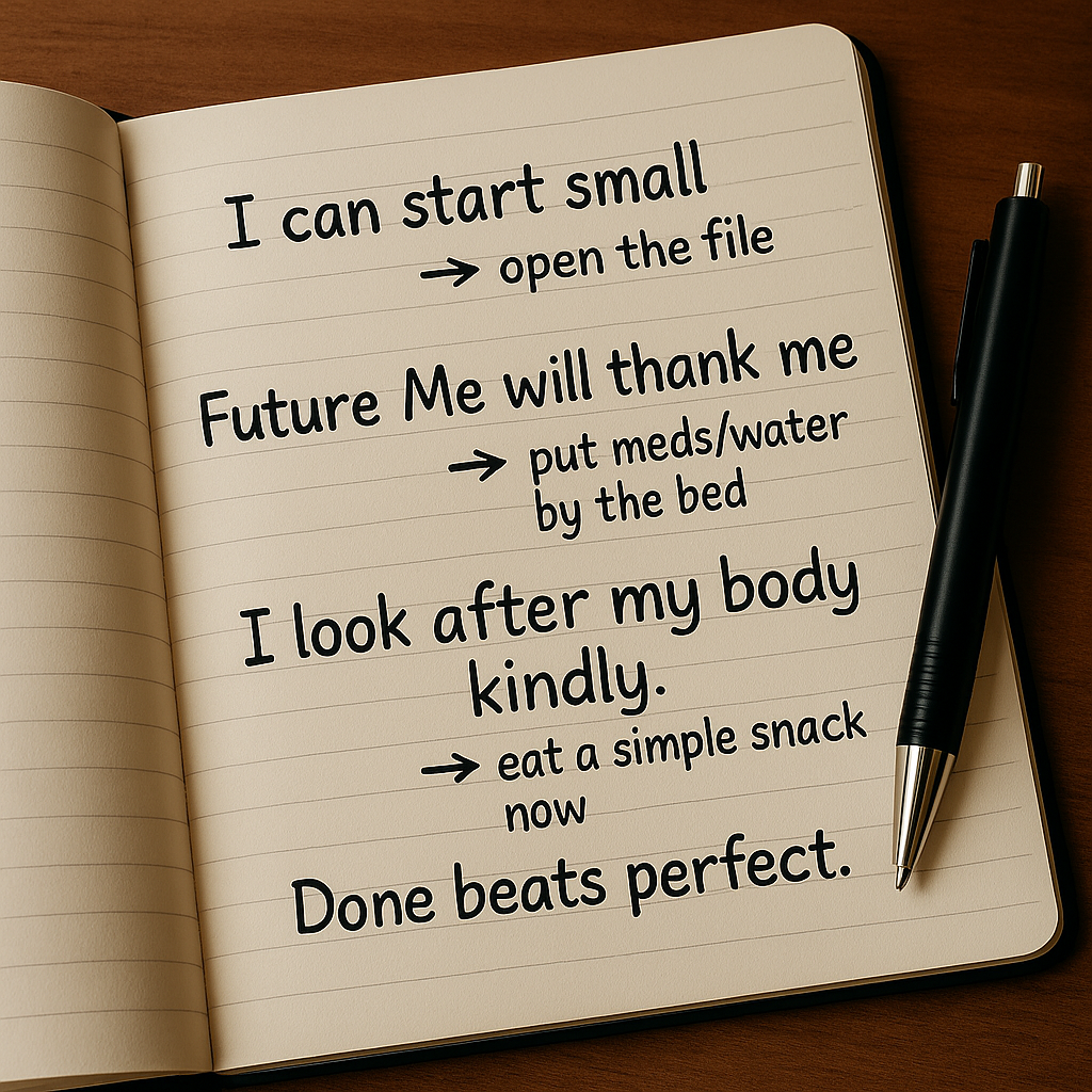 Notebook with pen showing supportive self-talk phrases