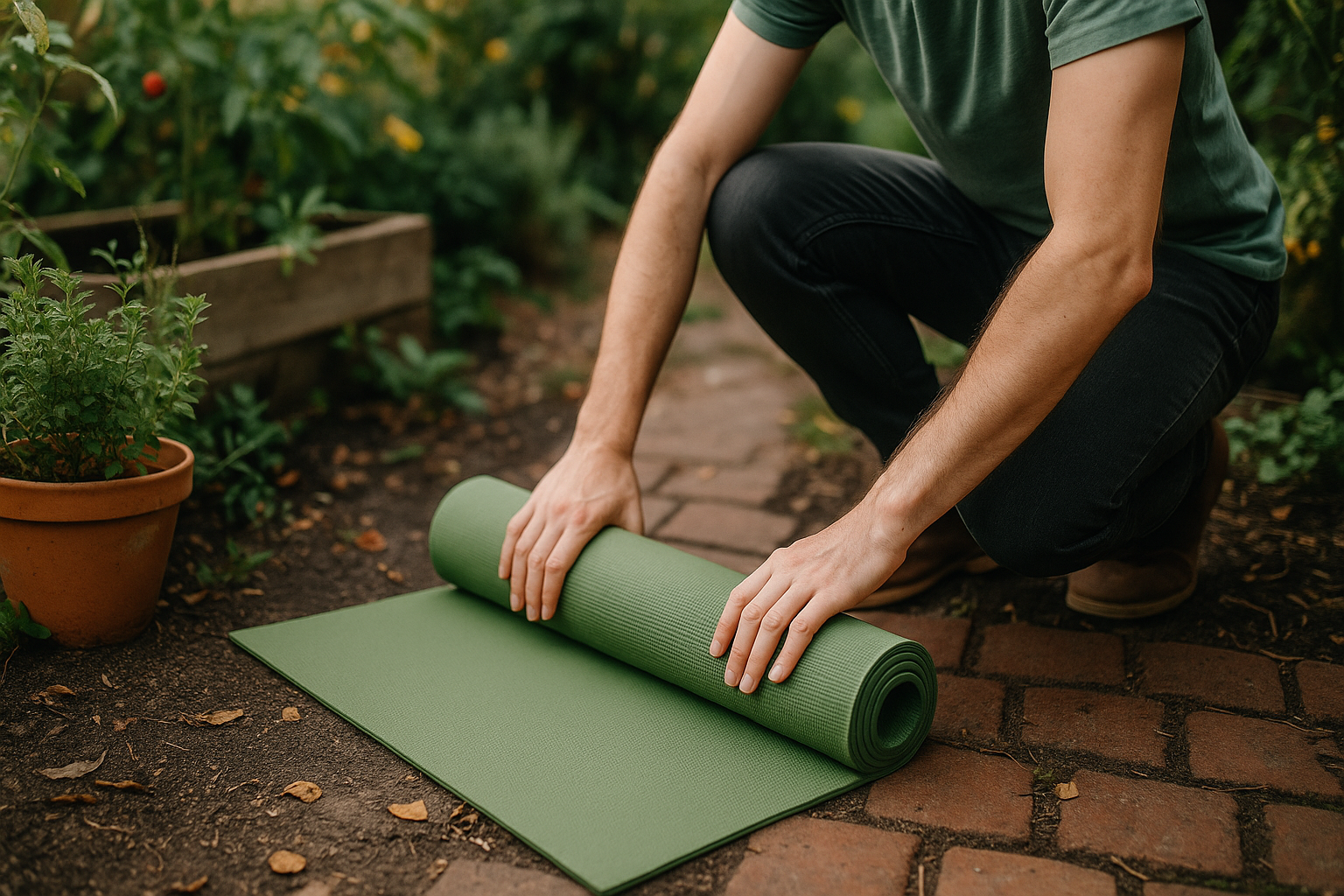 Stretching gently in a small garden space