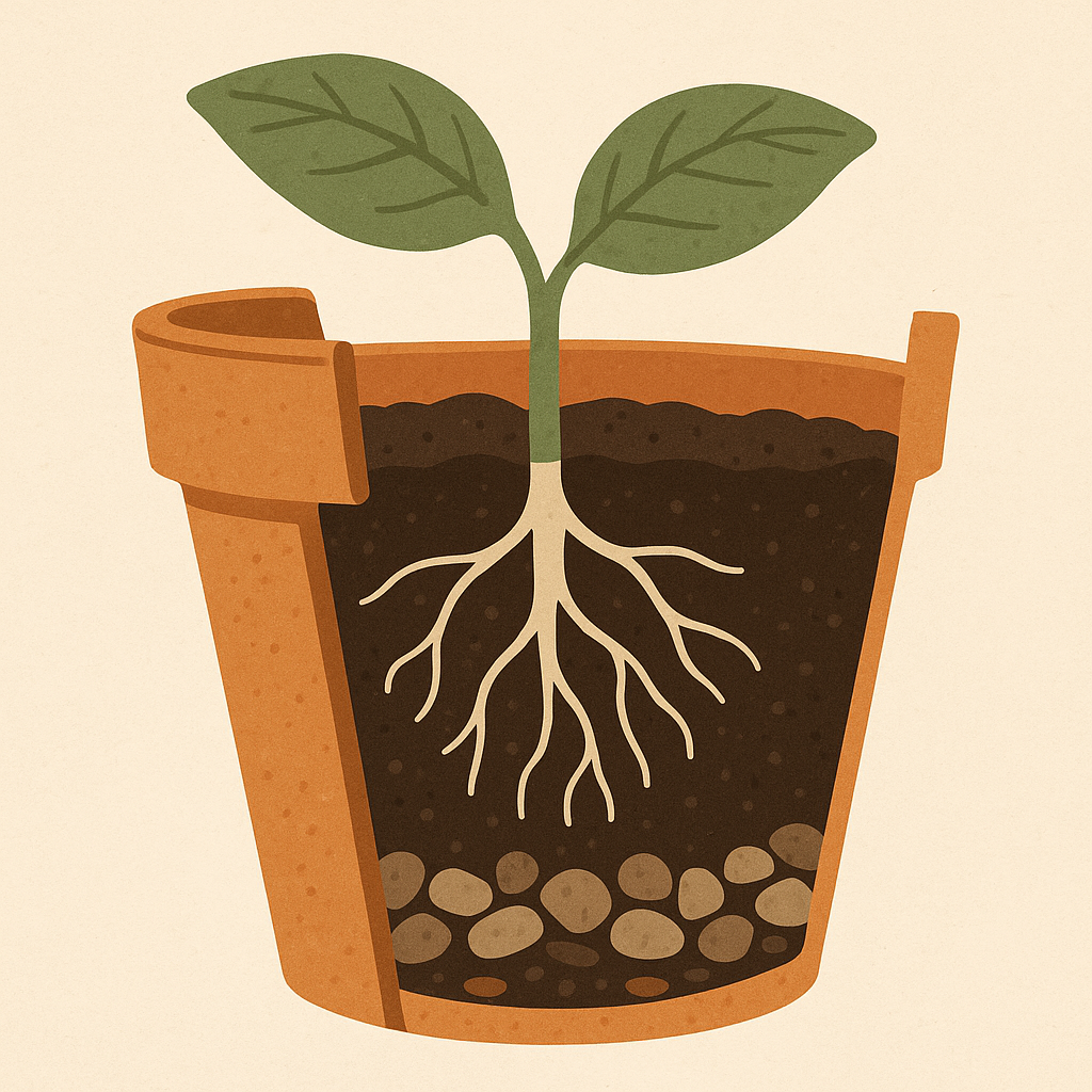 Layering pot shards, compost, and planting a herb seedling