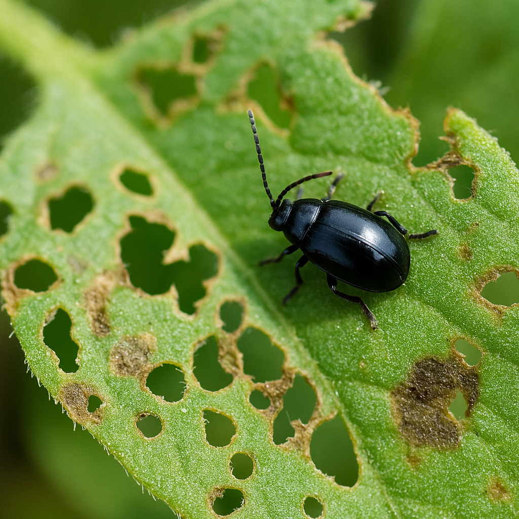 Tiny flea beetle on brassica leaf with small holes