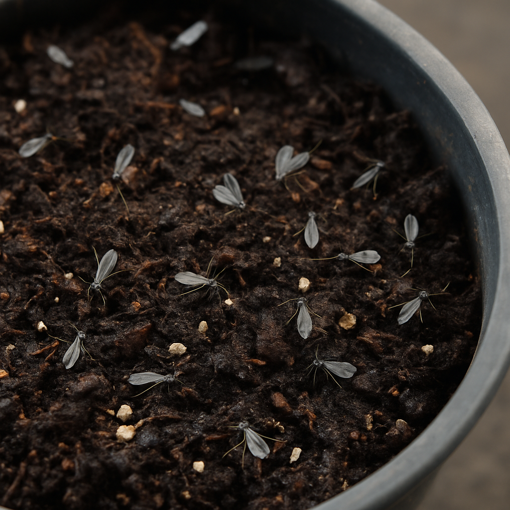 Tiny gnats on the compost surface