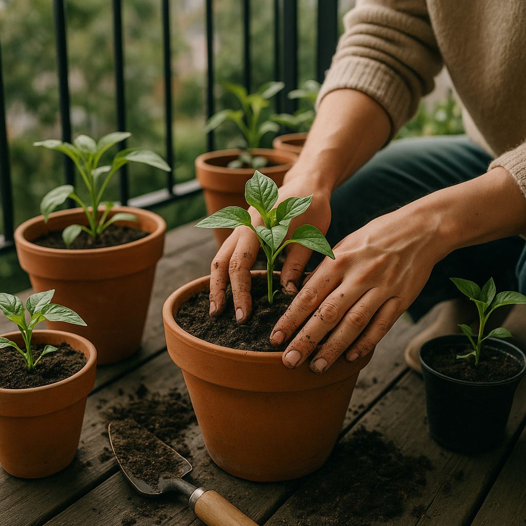 Hands planting seedlings in pots on a balcony