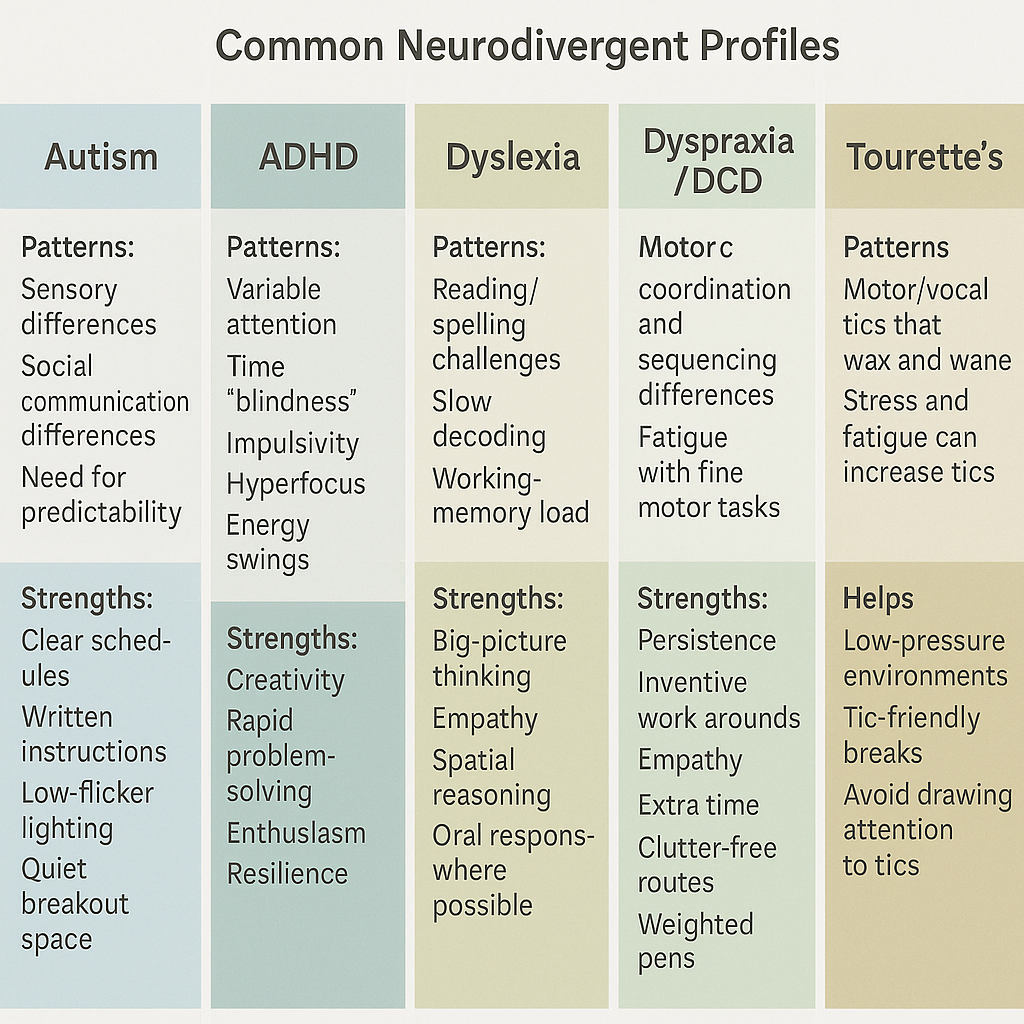 Overlapping circles showing autistic, ADHD, dyslexic, dyspraxic and Tourette's profiles with shared strengths