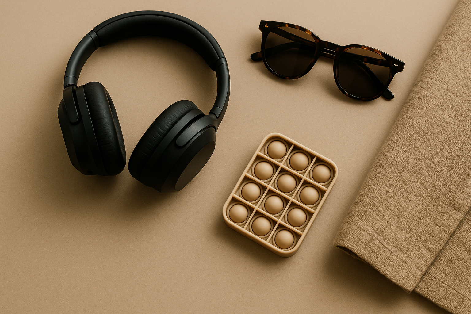 Headphones, sunglasses, fidget tool and soft fabric laid out on a table
