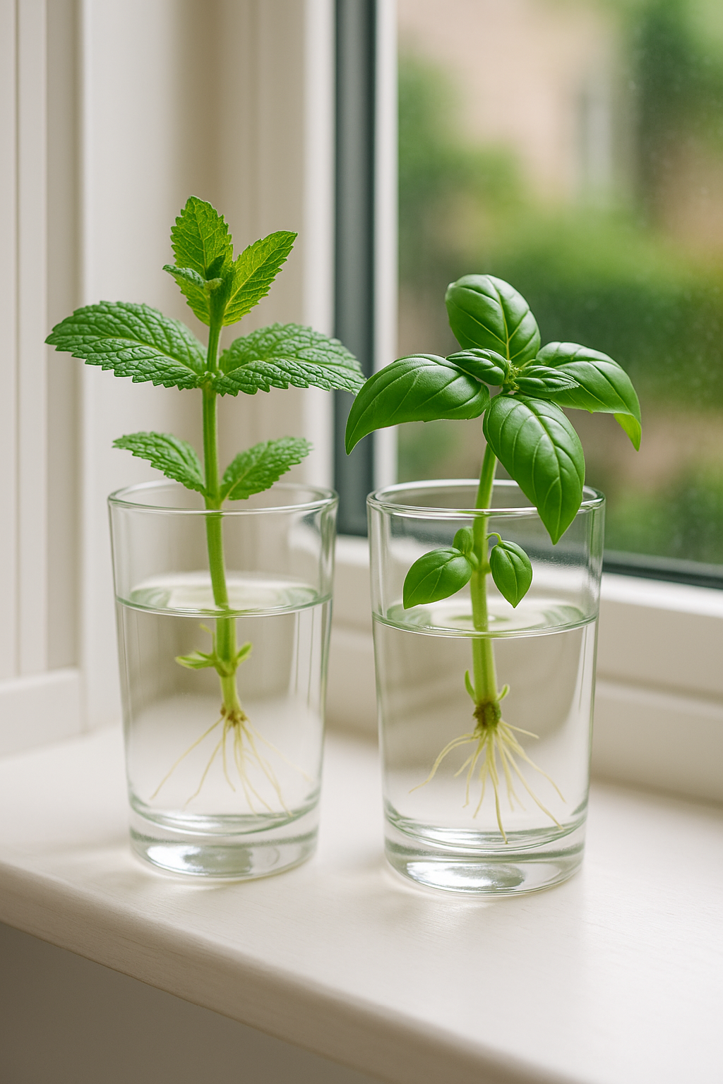 Basil and mint cuttings rooting in a jam jar