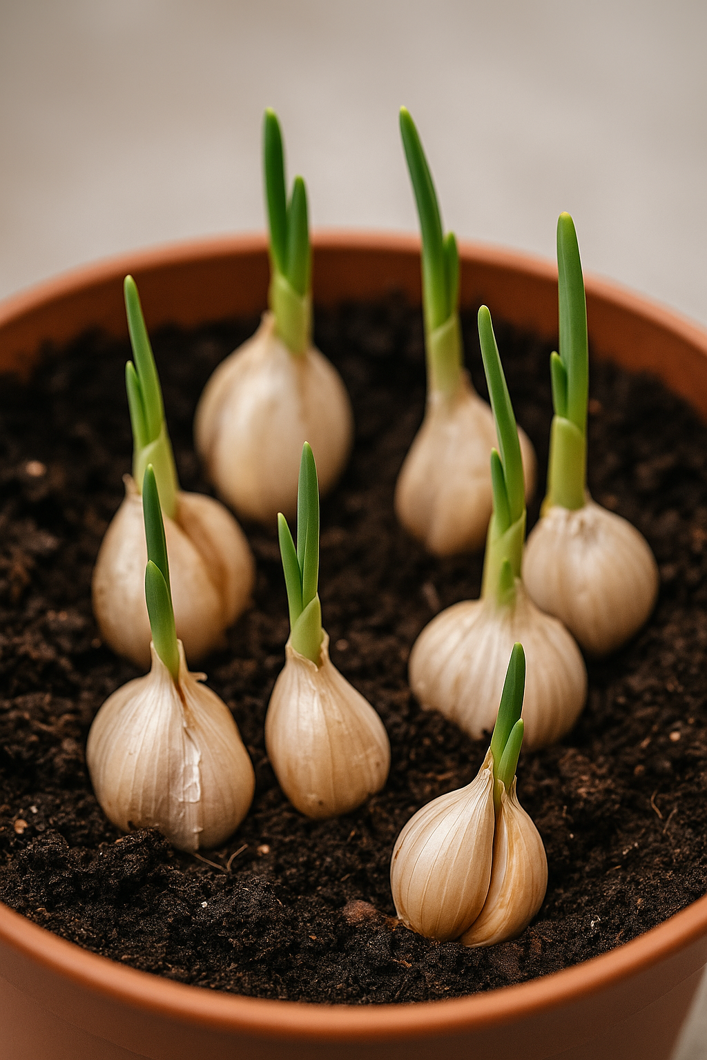 Garlic cloves planted for greens in a tray