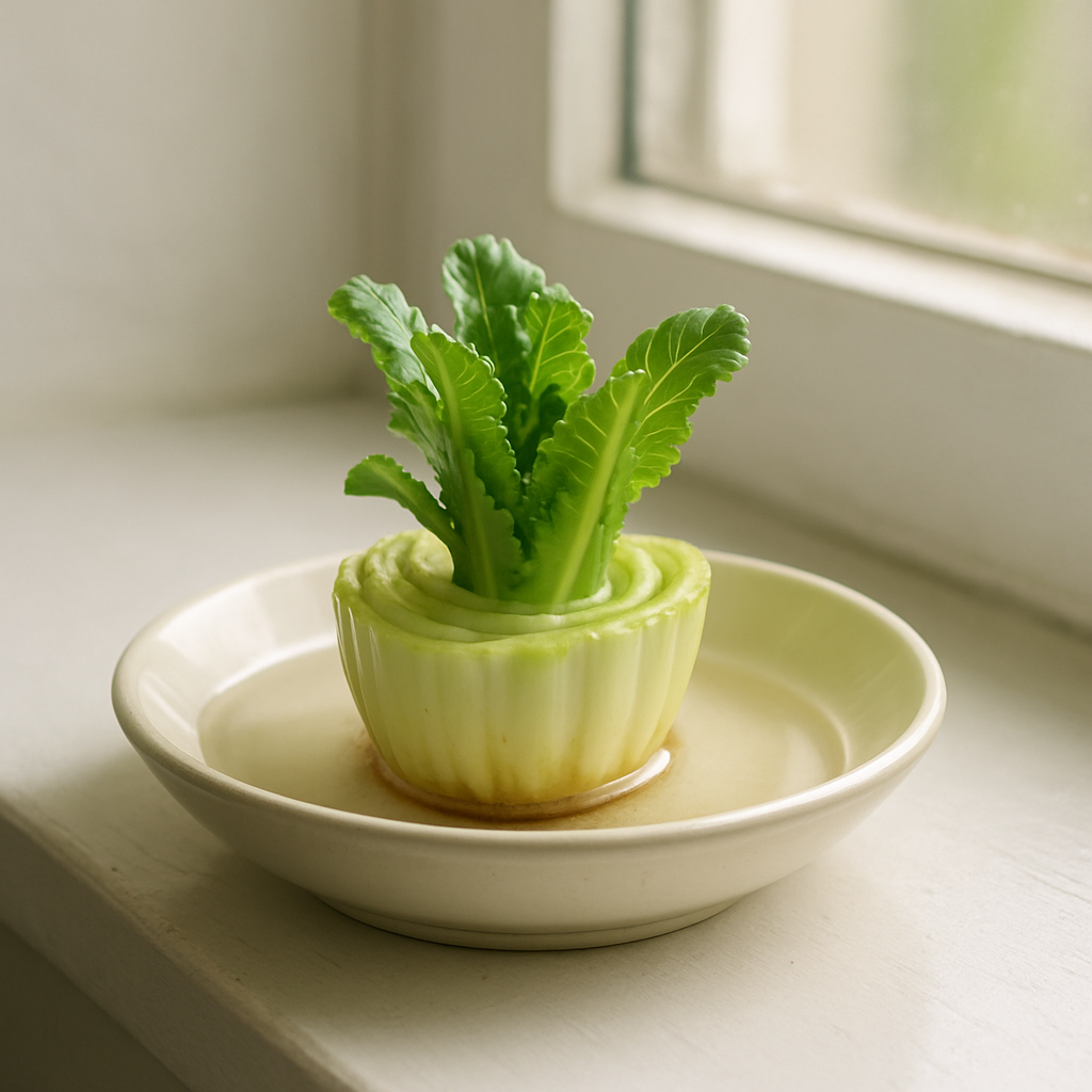 Lettuce base re-sprouting leaves in a dish