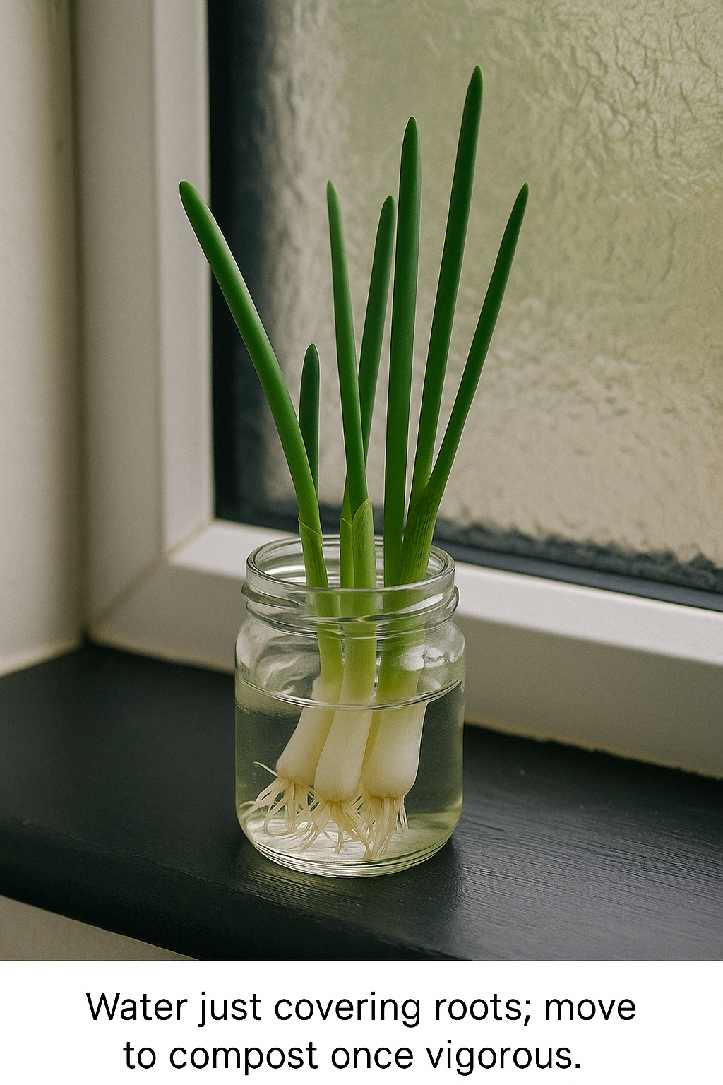Spring onion bases in a small jar of water