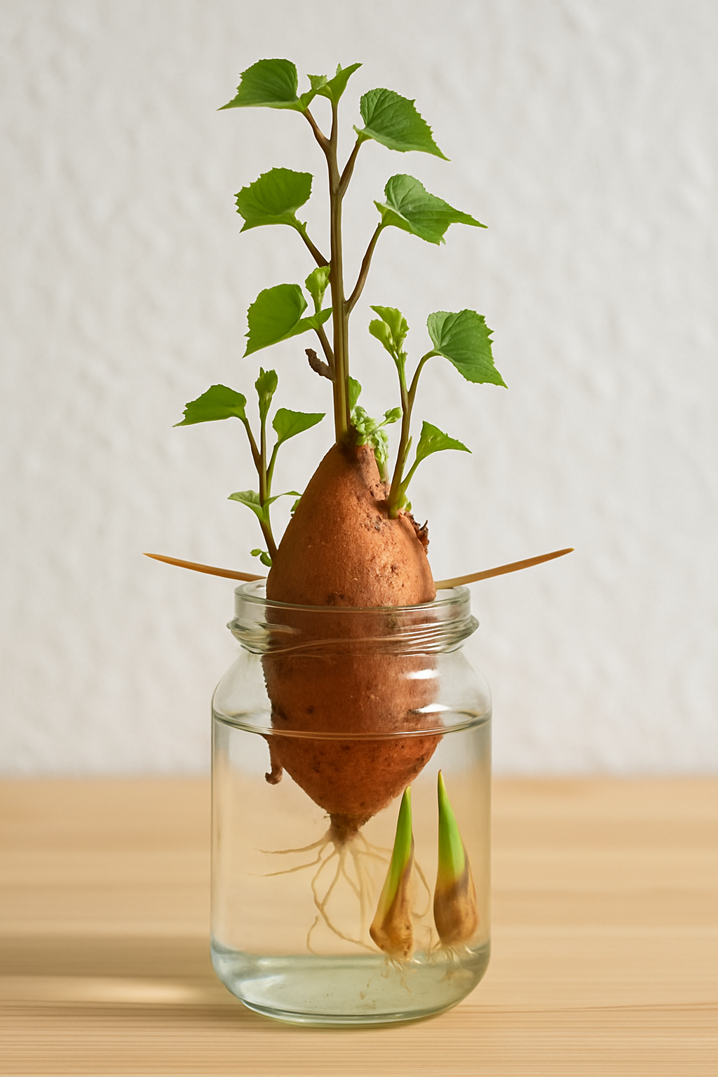 Sweet potato half in water producing slips