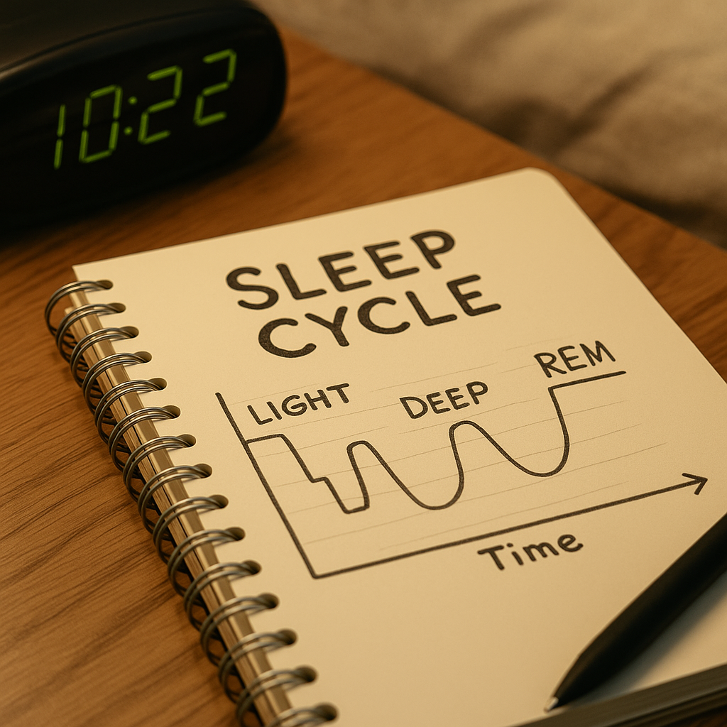 Notebook sketch of sleep stages with a bedside clock glowing faintly