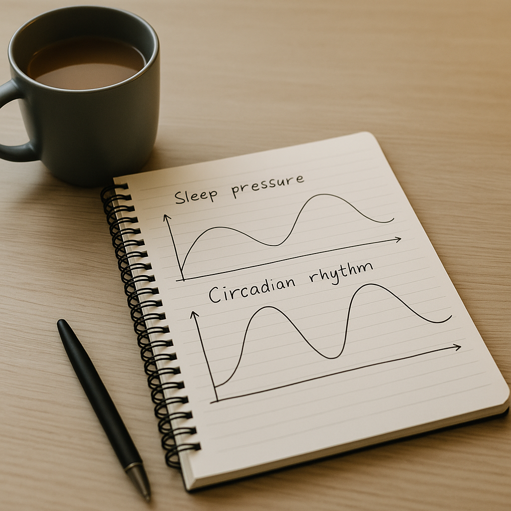 Overlapping line graphs labelled sleep pressure and circadian rhythm beside a mug