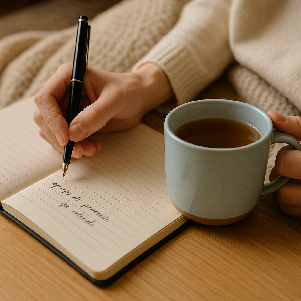 Hands with a journal and pen beside a cup of tea