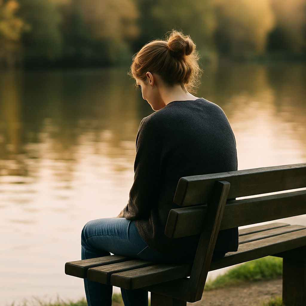 Person sitting by water on a bench, reflective and calm
