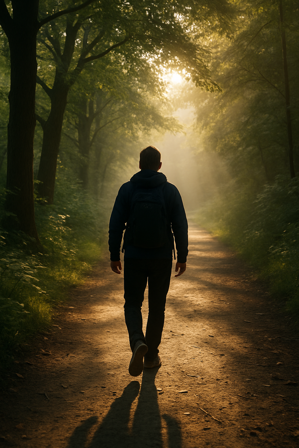 Person walking forward on a woodland path with soft light ahead