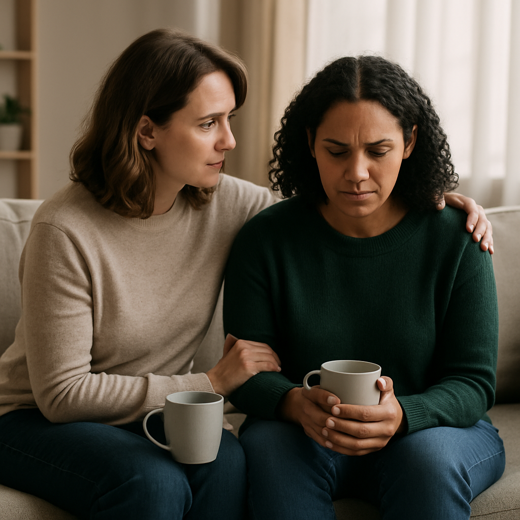Two friends on a sofa with tea, one listening attentively to the other