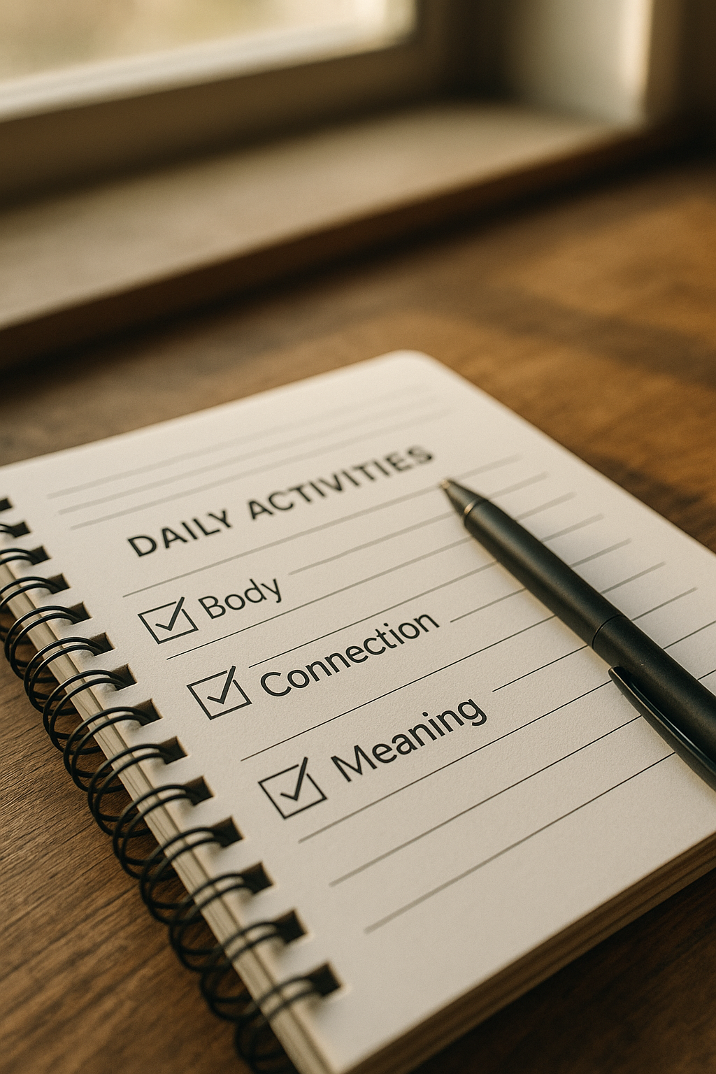 Daily planner with Body, Connection, Meaning ticked