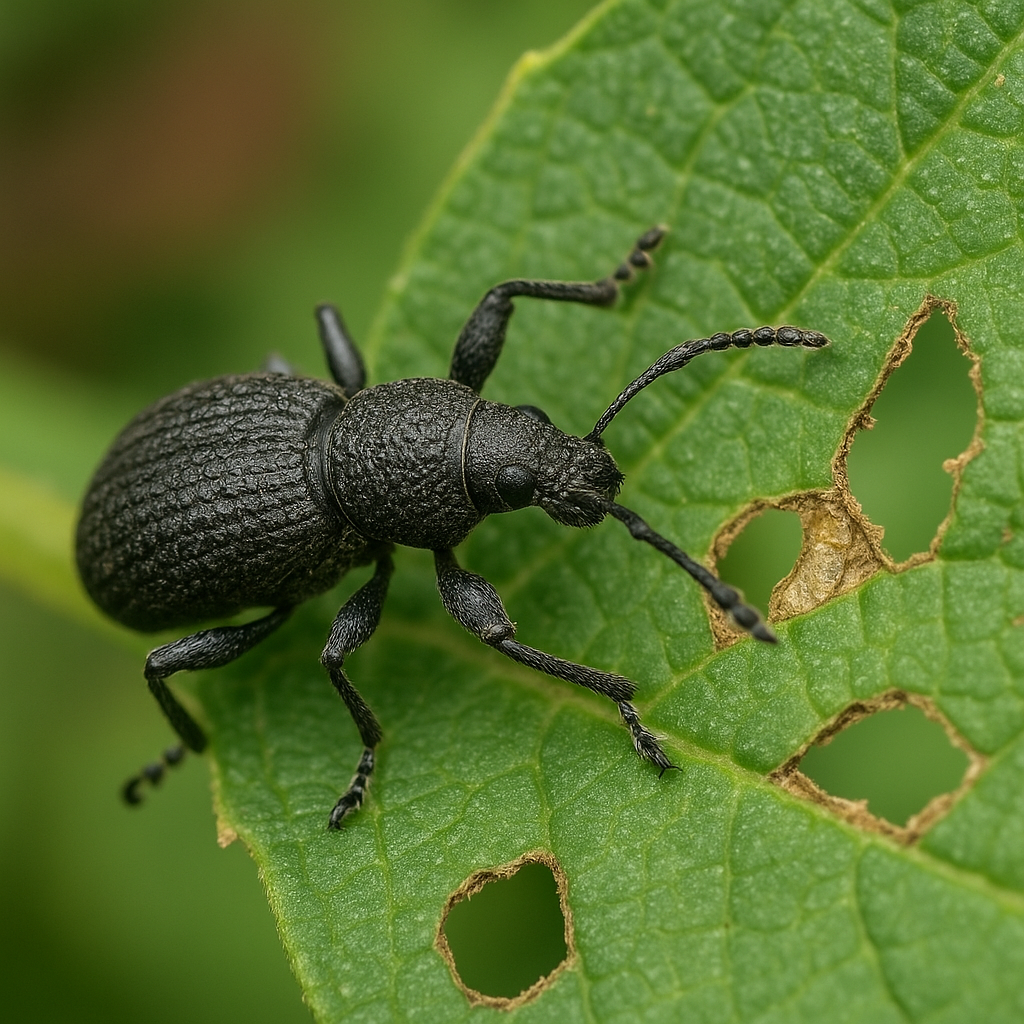 Black vine weevil on a leaf